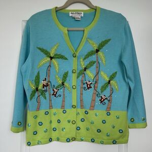 Jack B Quick Cardigan Sweater Sz M Monkey Jungle Tropical Palm Trees Blue Vtg